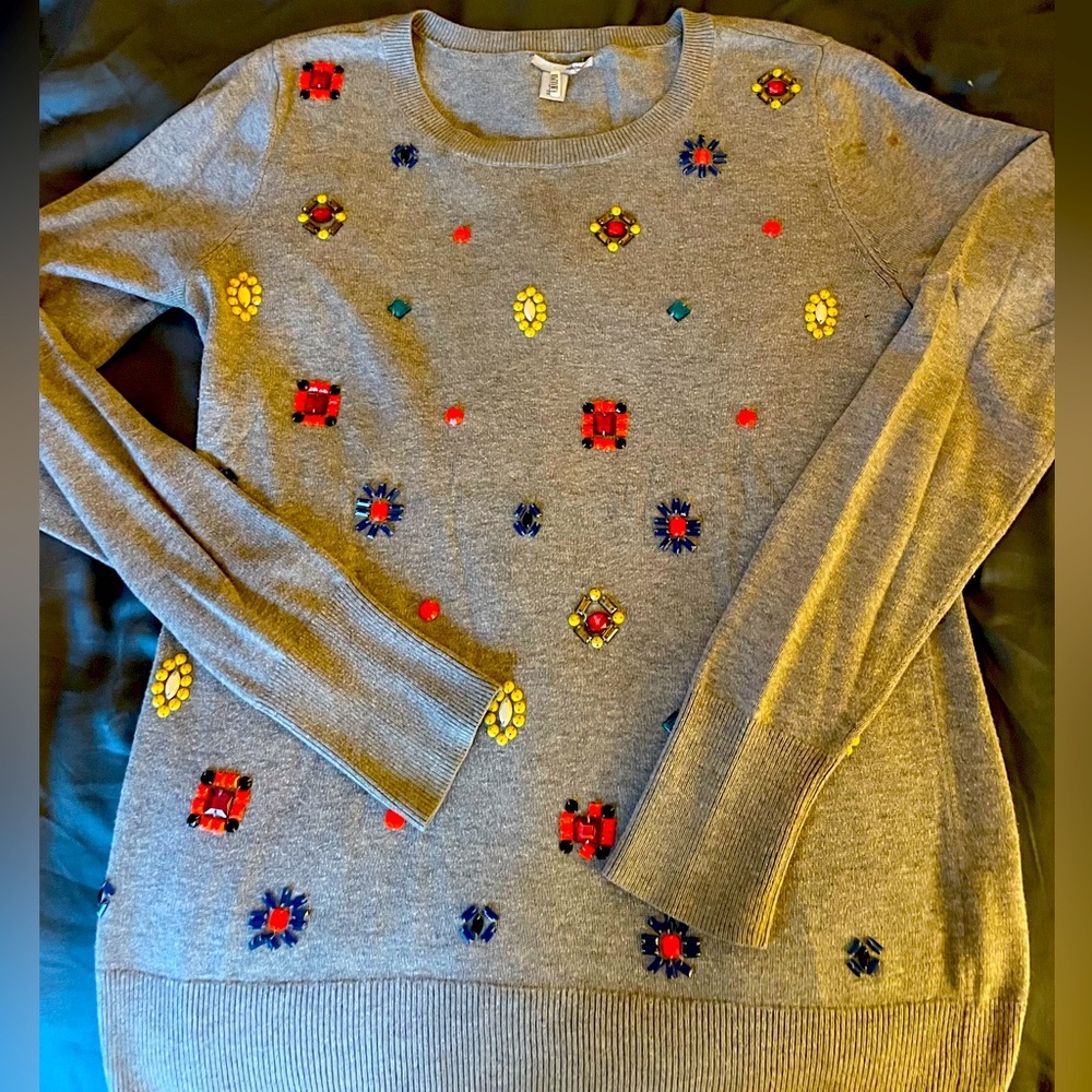 Halogen beaded embellished crew neck sweater, small